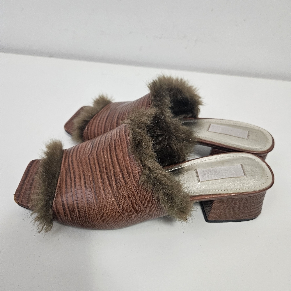 Suzanne Rae Faux Lizard With Faux Mink Lining Mules Slides 7.5 Brown Block Heel - Picture 5 of 11